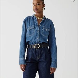 J. Crew Denim Cowgirl Chambray Jean Button Up Shirt Size 8 Cotton Dark Wash